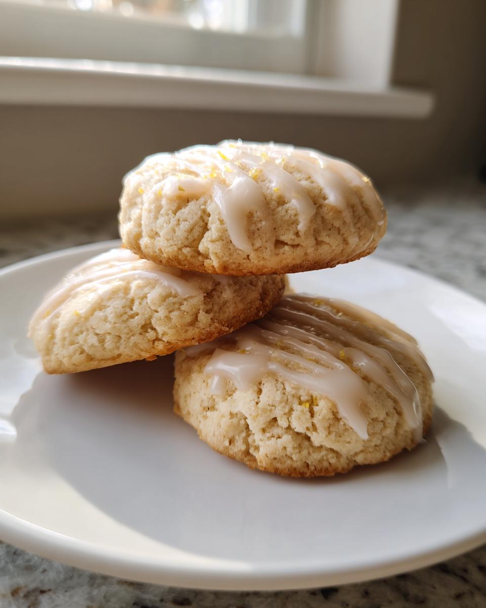 Three stacked london fog cookies on a white plate, drizzled with light glaze and topped with yellow zest.