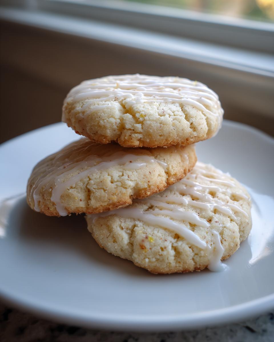 Three shortbread london fog cookies stacked on a white plate with white icing drizzle.