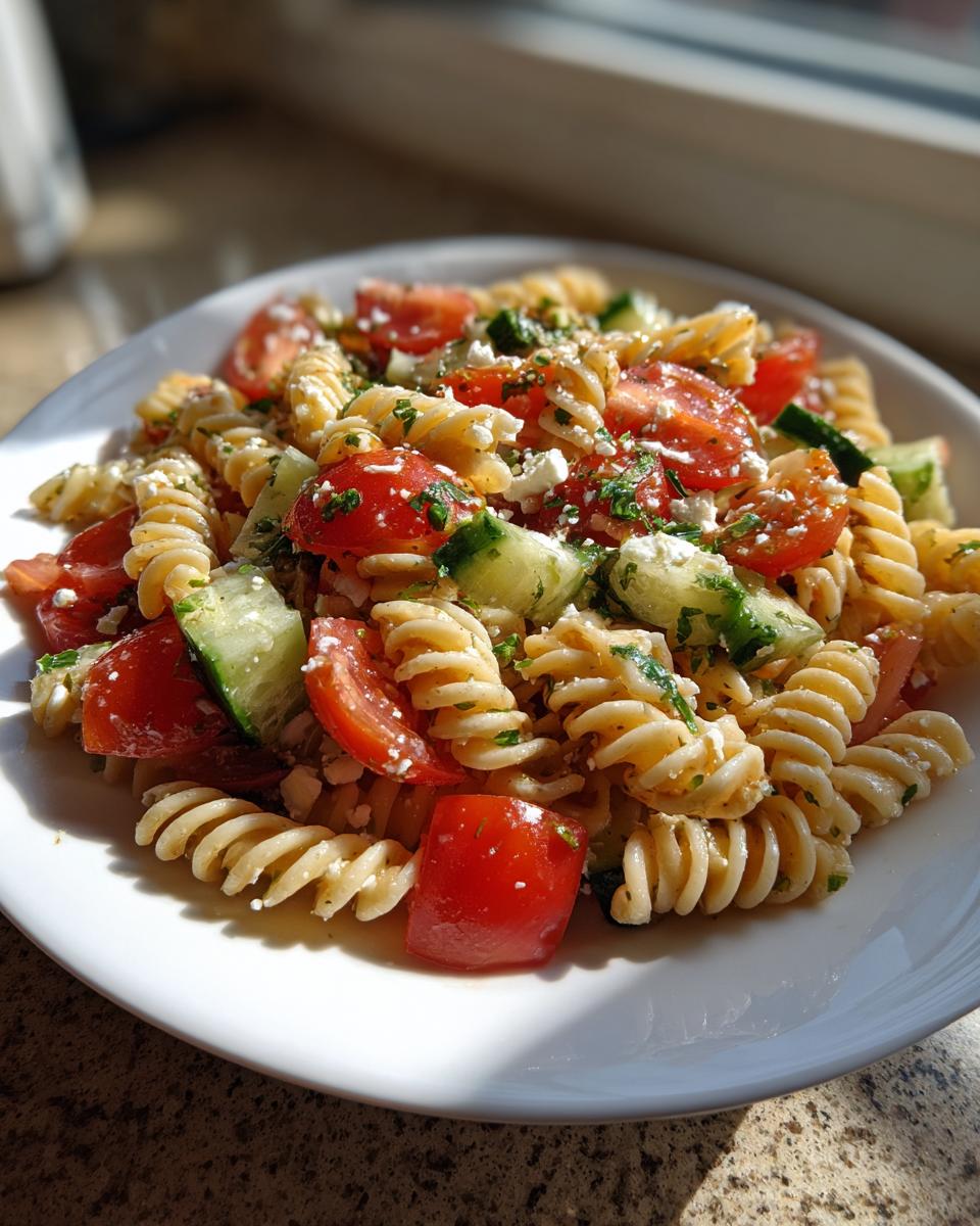 A close-up of a vibrant mediterranean pasta salad featuring rotini pasta, chopped cucumbers, tomatoes, and feta cheese.