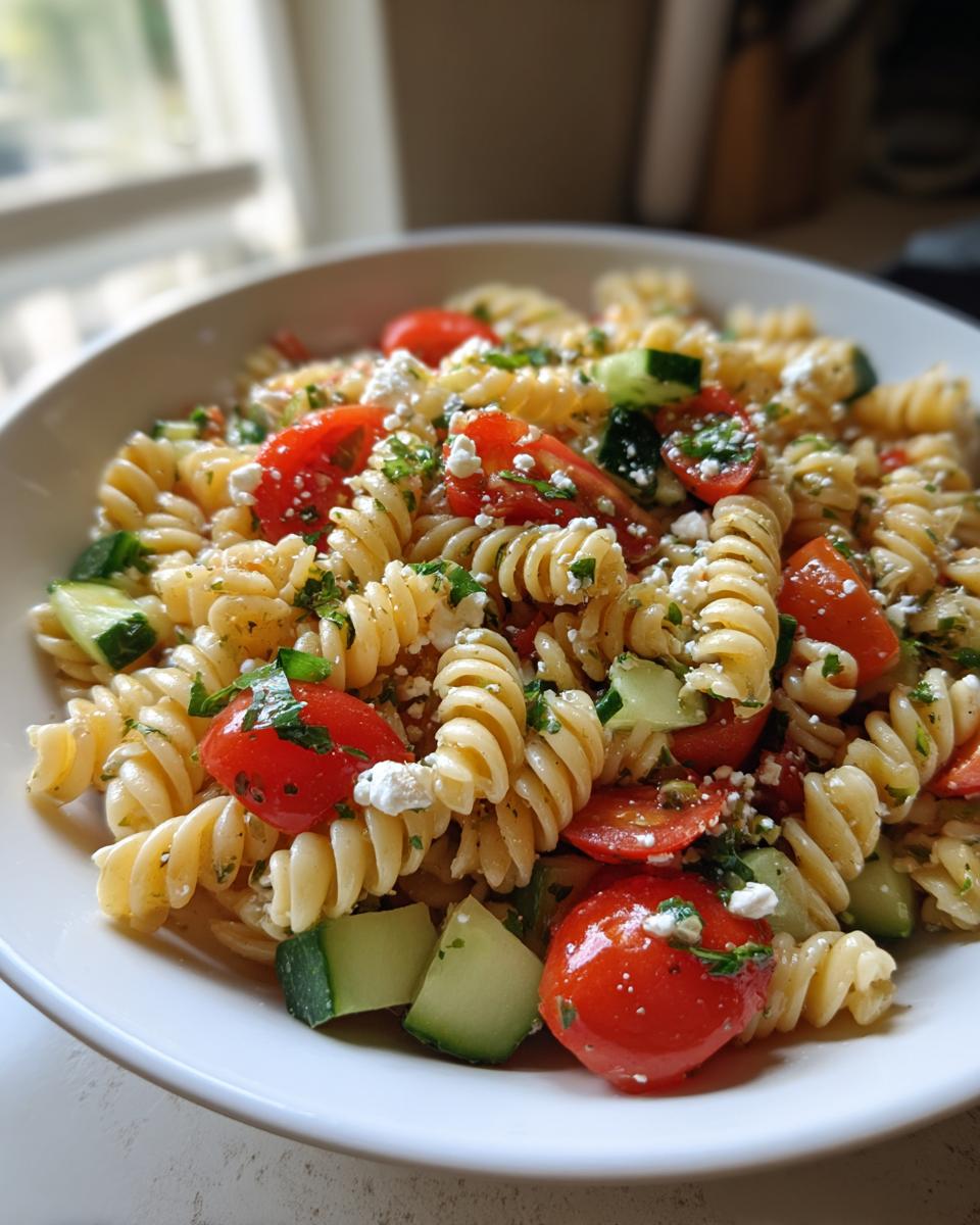 A close-up bowl of vibrant mediterranean pasta salad featuring fusilli pasta, cherry tomatoes, cucumber chunks, and crumbled feta cheese.