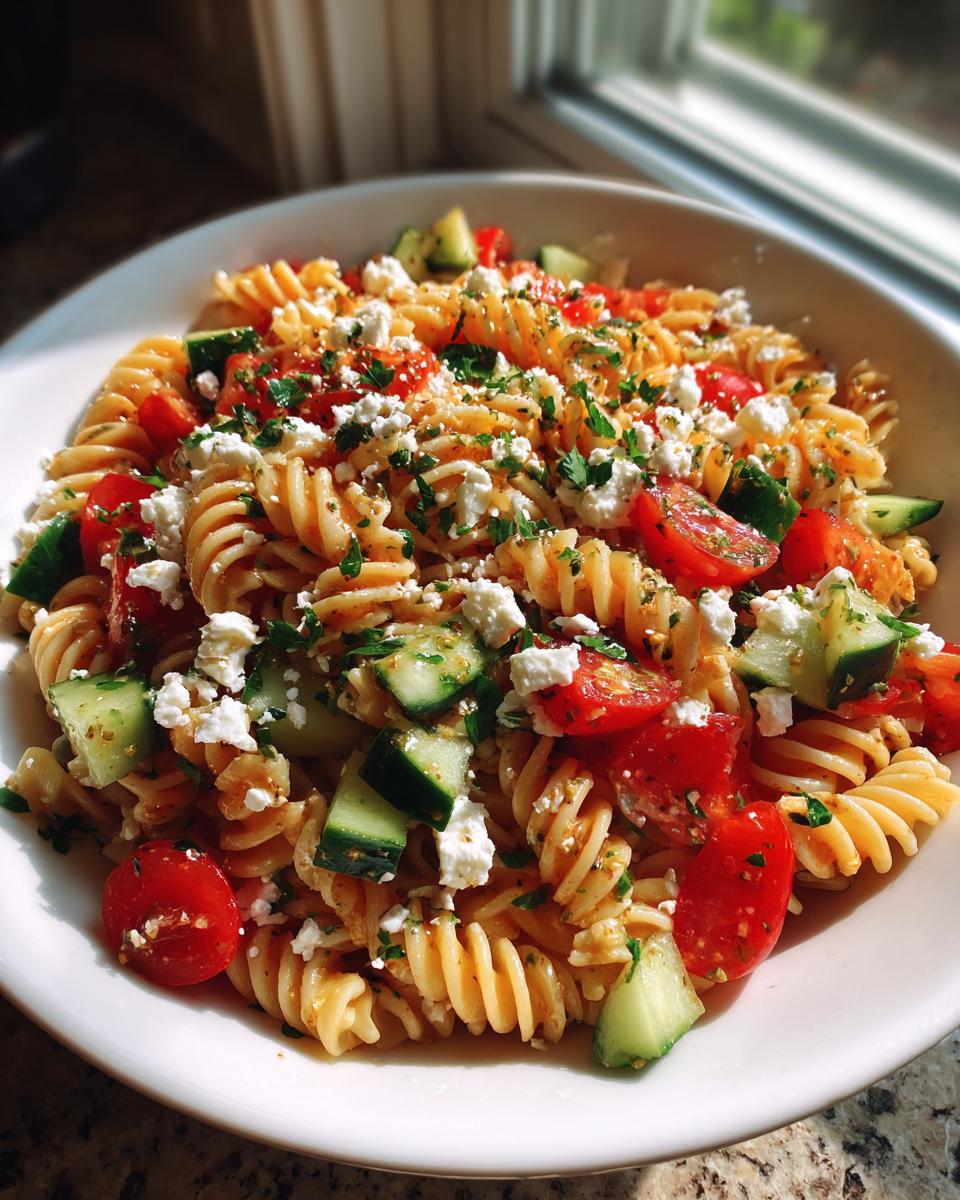 A bowl of vibrant mediterranean pasta salad featuring fusilli, cherry tomatoes, cucumber chunks, and crumbled feta cheese.