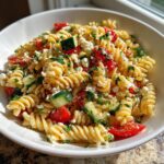 A close-up view of a vibrant mediterranean pasta salad featuring rotini pasta, feta cheese, tomatoes, and cucumbers.