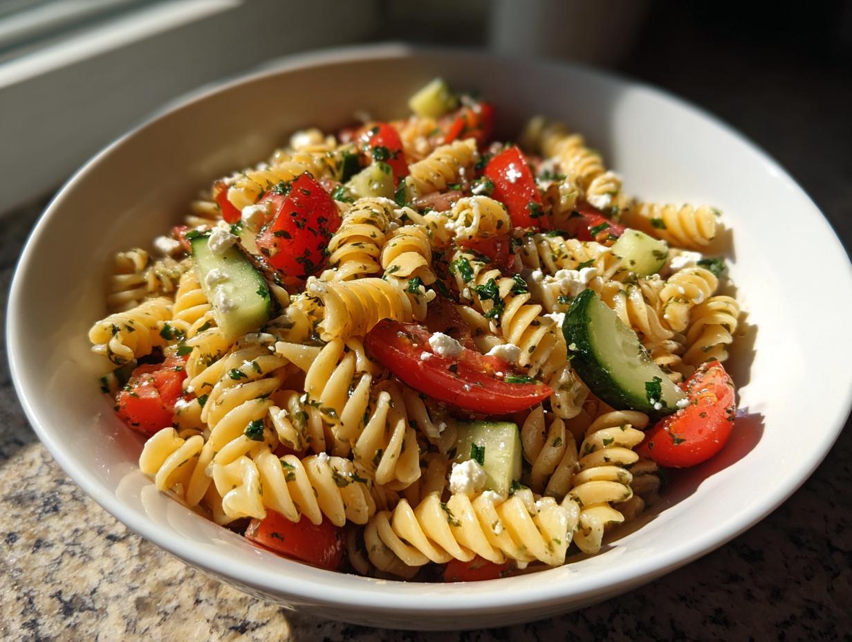 A close-up view of a bowl filled with amazing mediterranean pasta salad featuring rotini, tomatoes, cucumber, and feta.