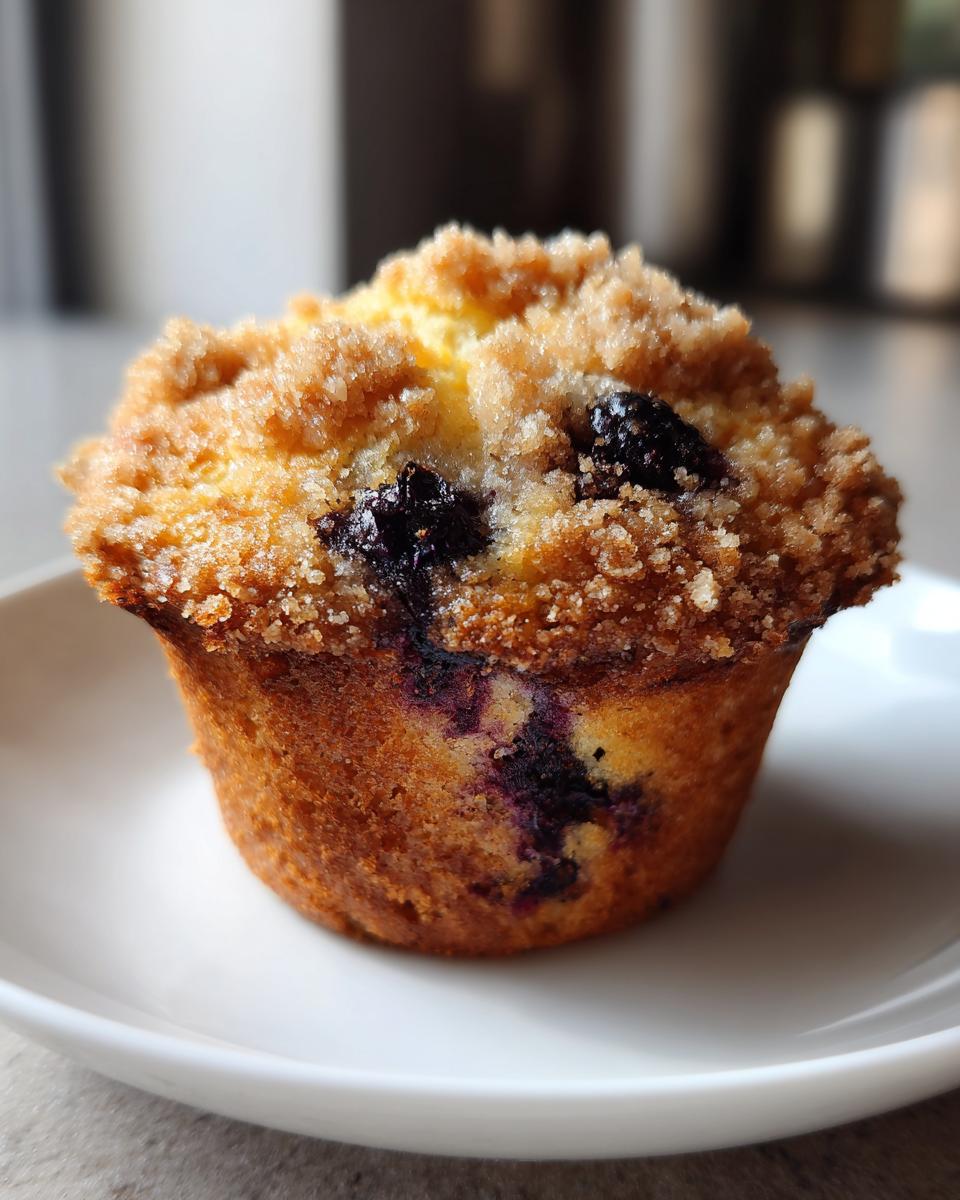 Close-up of a perfectly baked blueberry muffin featuring a golden crumb topping and visible blueberries.