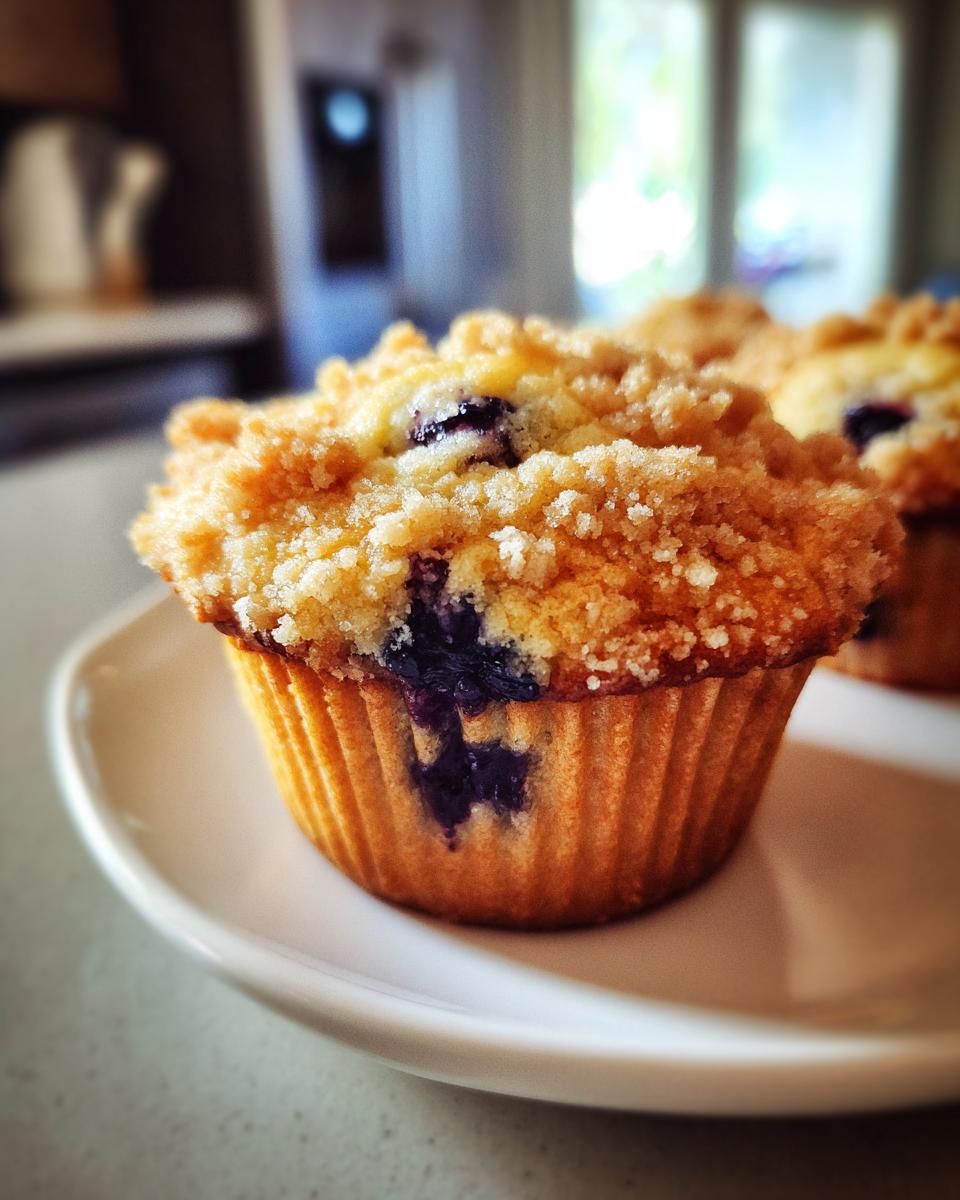 Close-up of a moist blueberry muffin featuring a generous crumb topping and visible blueberries.