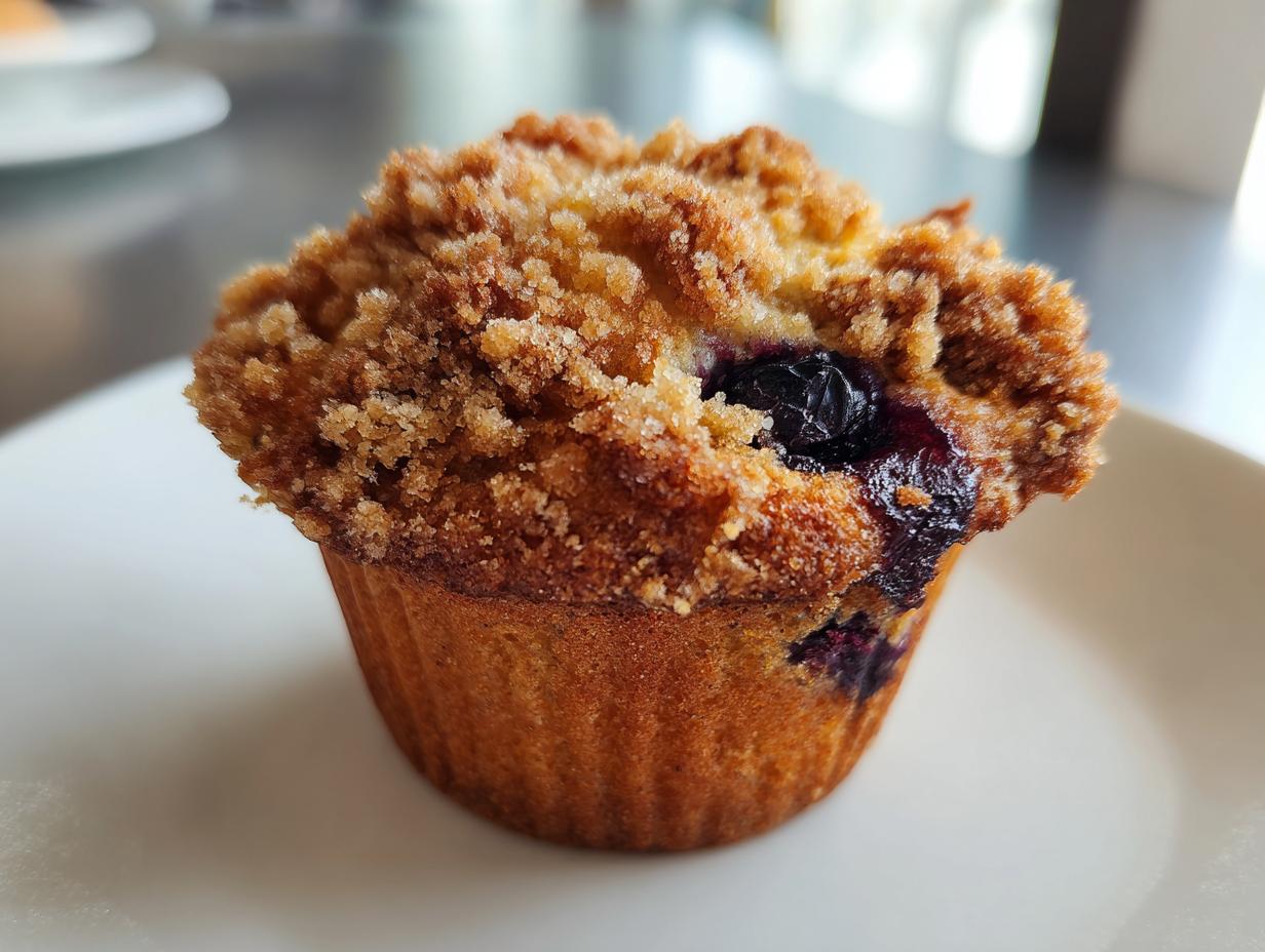 Close-up of a perfectly baked blueberry muffin featuring a generous, golden crumb topping and visible juicy blueberries.