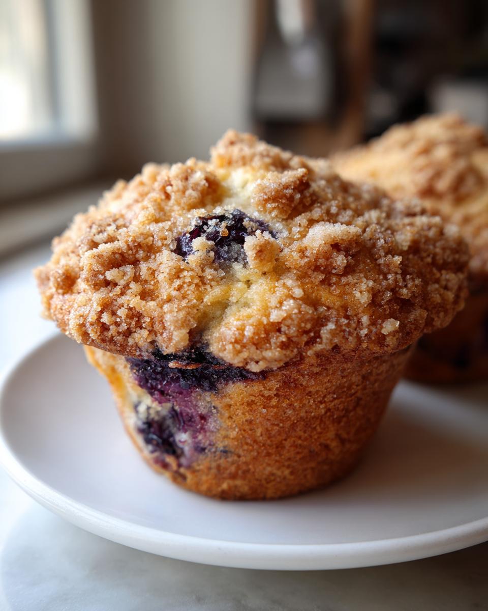 Close-up of a moist blueberry muffin topped with golden brown streusel, featuring visible blueberries.