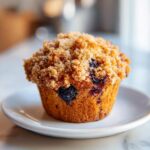 A close-up of a perfectly baked blueberry muffin with a generous, sugary crumb topping sitting on a small white plate.