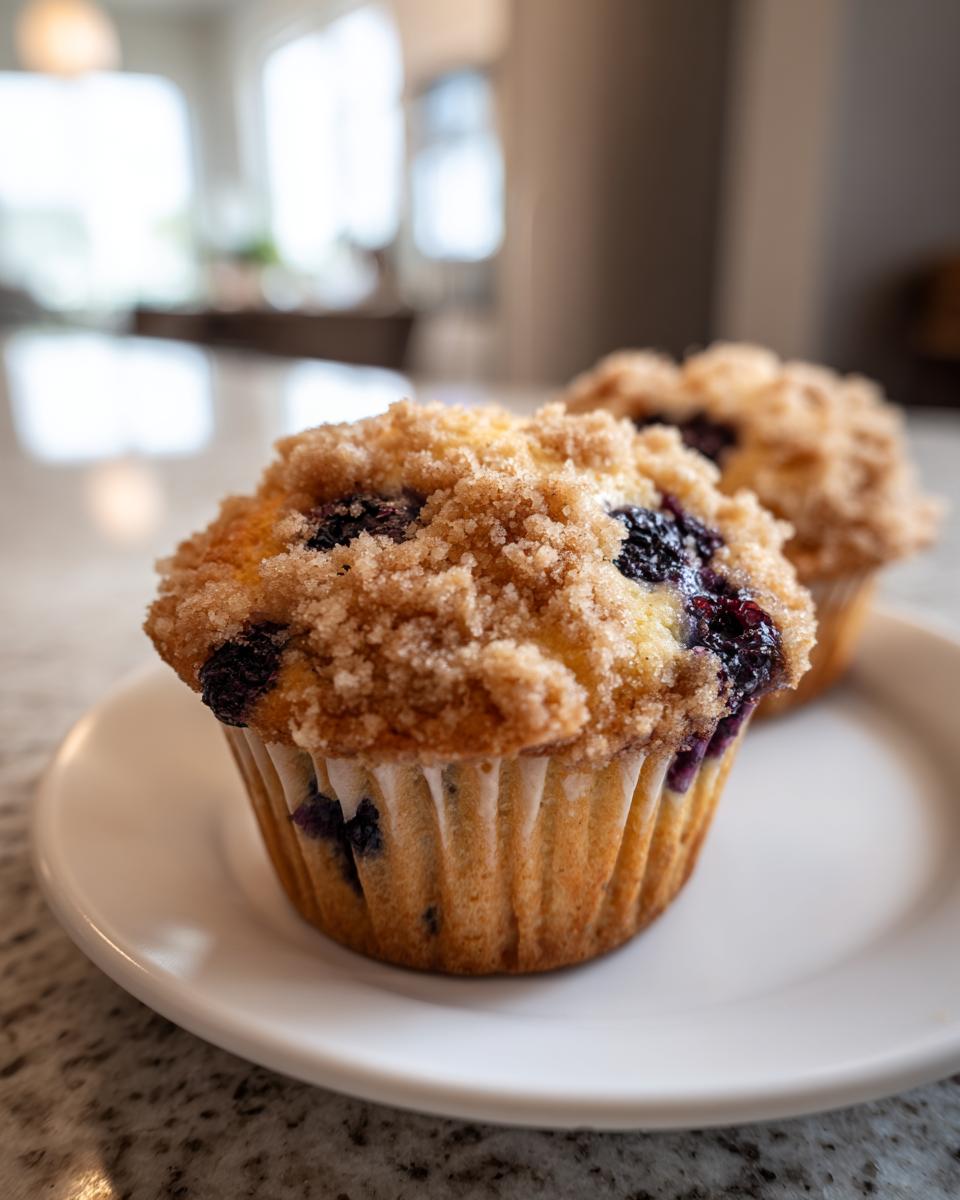 Close-up of a moist blueberry muffin topped with brown sugar streusel served on a white plate.