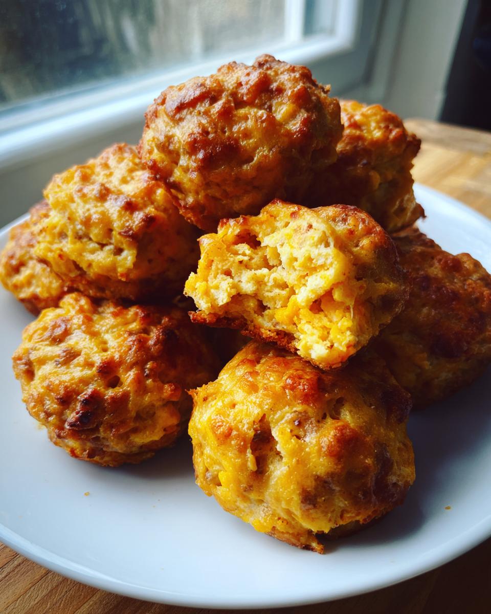 A stack of golden brown cream cheese sausage balls, one broken open to show the moist interior.