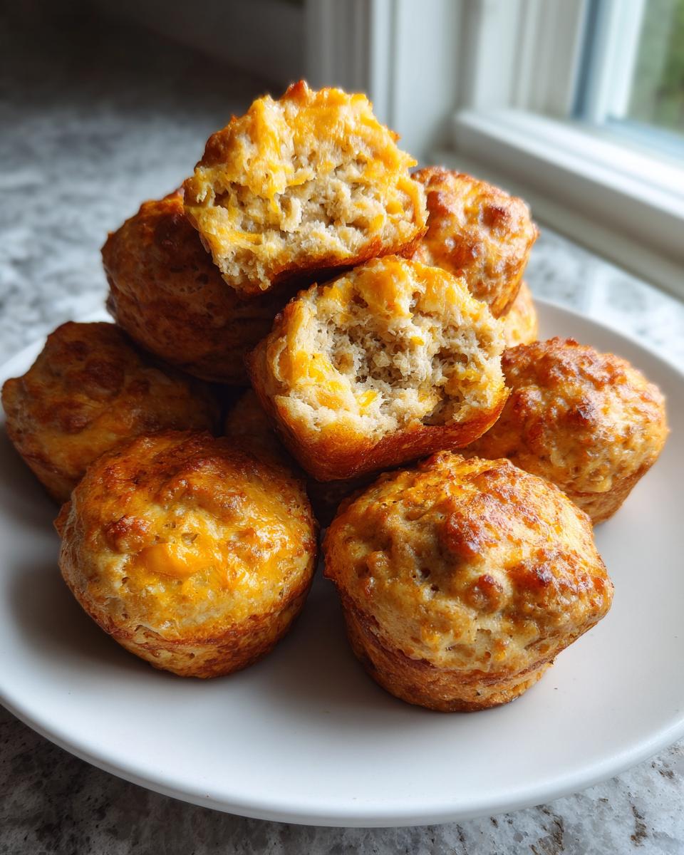 A stack of golden brown cream cheese sausage balls, one broken open to show the moist interior.