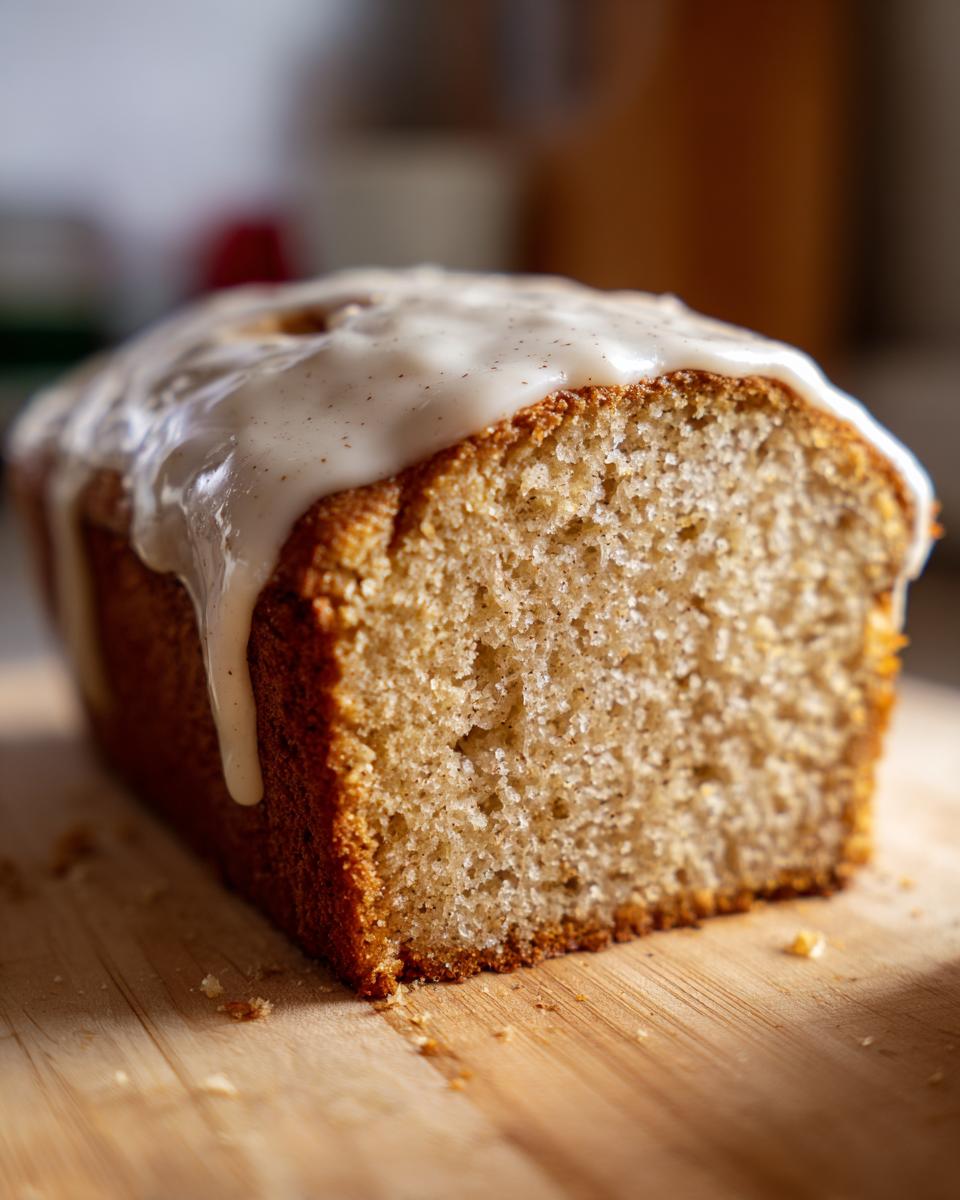 A close-up shot of a loaf of moist eggnog bread, sliced to show the crumb, topped with a thick, spiced glaze.