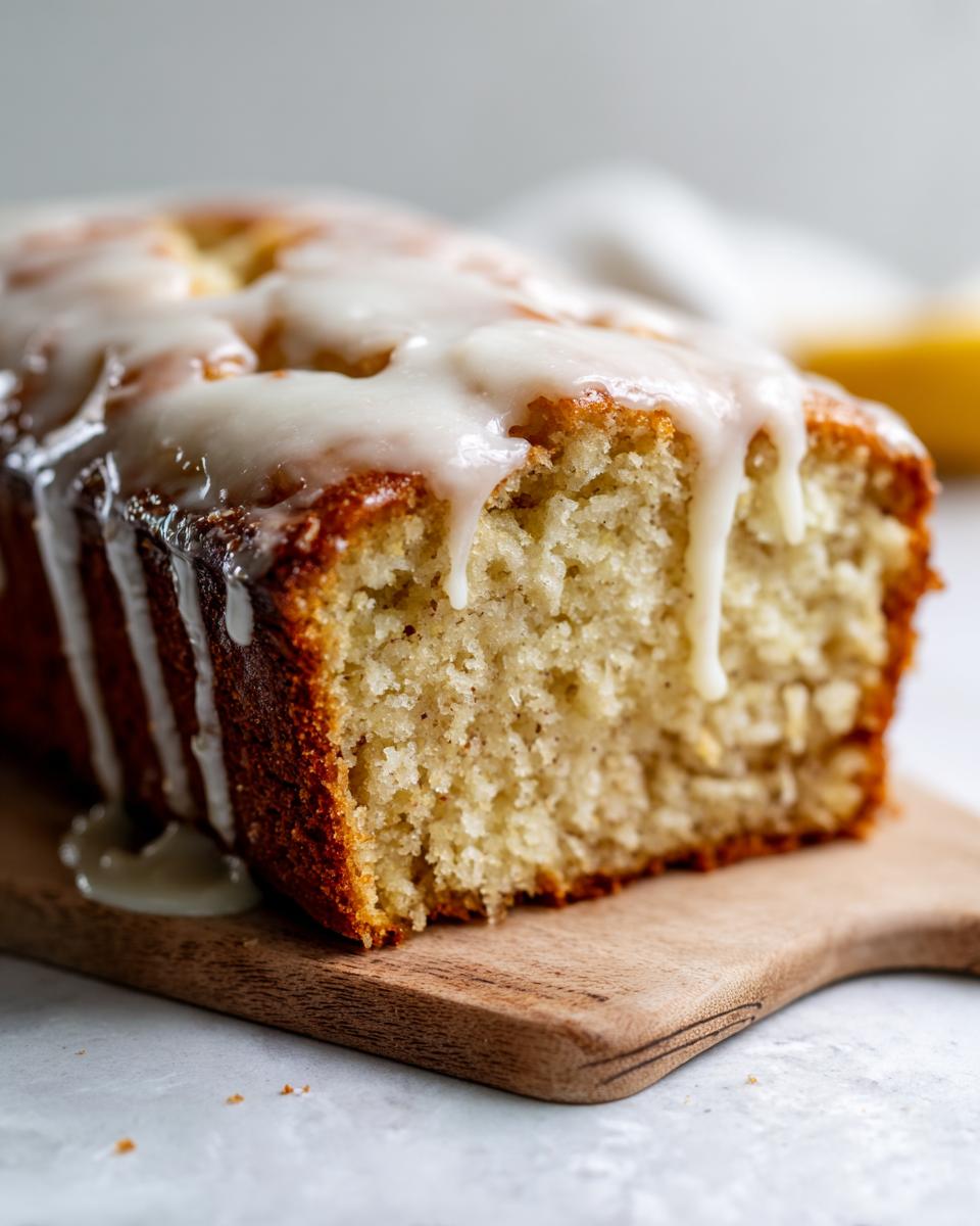 Close-up of a slice of moist eggnog bread topped with a thick, dripping vanilla glaze.