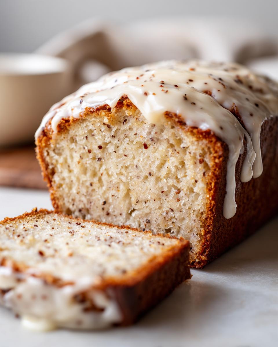 Close-up of moist eggnog bread loaf with a thick, dripping eggnog glaze and visible nutmeg specks.