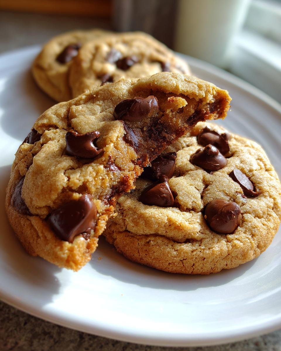 Close-up of a soft peanut butter chocolate chip cookies broken in half, showing melted chocolate chips inside.