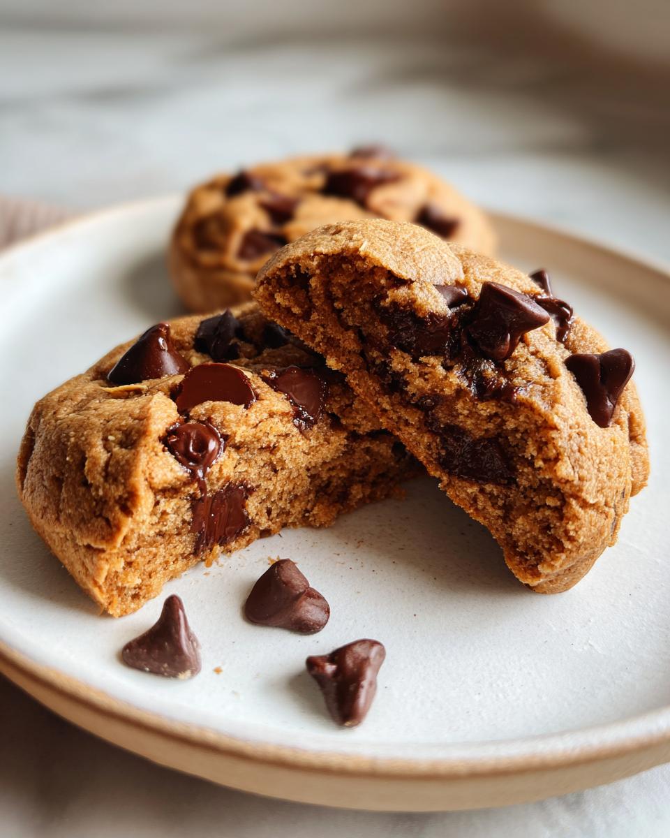Close-up of a soft peanut butter chocolate chip cookies broken in half, showing gooey melted chocolate chips inside.