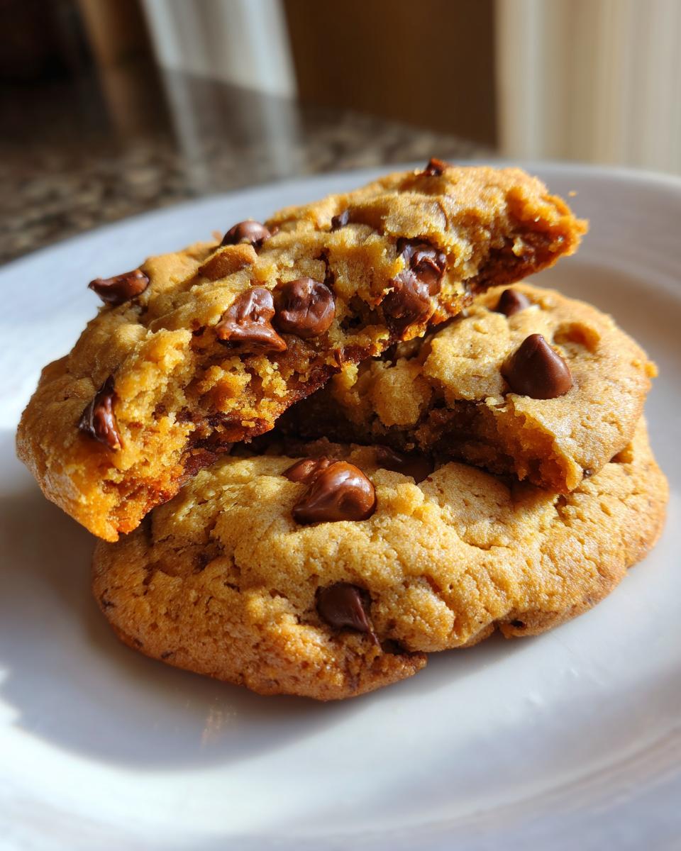 Close-up of soft peanut butter chocolate chip cookies, one broken in half showing the chewy interior.