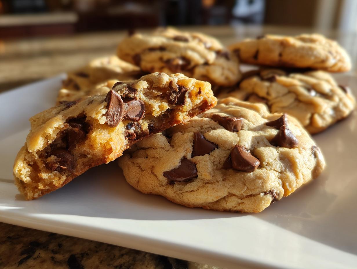 Close-up of soft peanut butter chocolate chip cookies, one broken in half showing the gooey center.