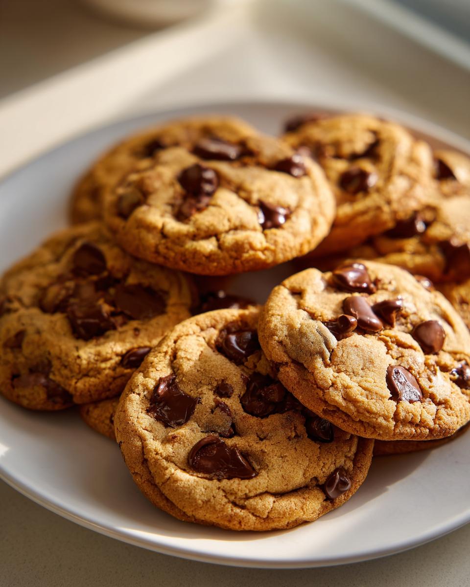 A close-up of several golden-brown peanut butter chocolate chip cookies piled on a white plate.
