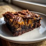 A decadent square of pecan pie brownies showing a gooey caramel layer and whole pecans on top.