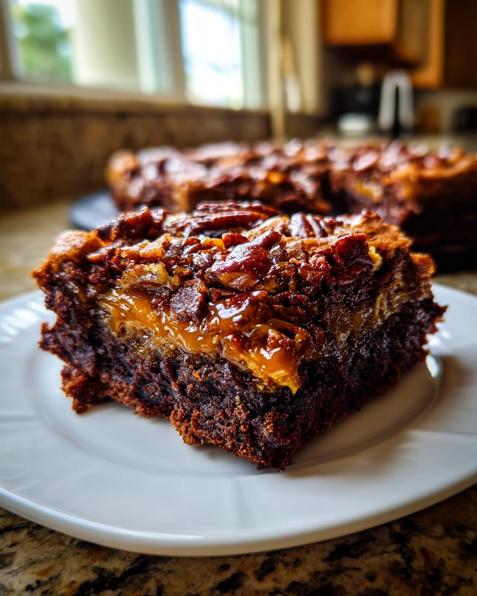 A rich, fudgy slice of pecan pie brownies showing a gooey caramel layer and pecan topping.