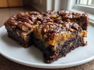Two rich, fudgy pecan pie brownies with a gooey pecan topping served on a white plate.