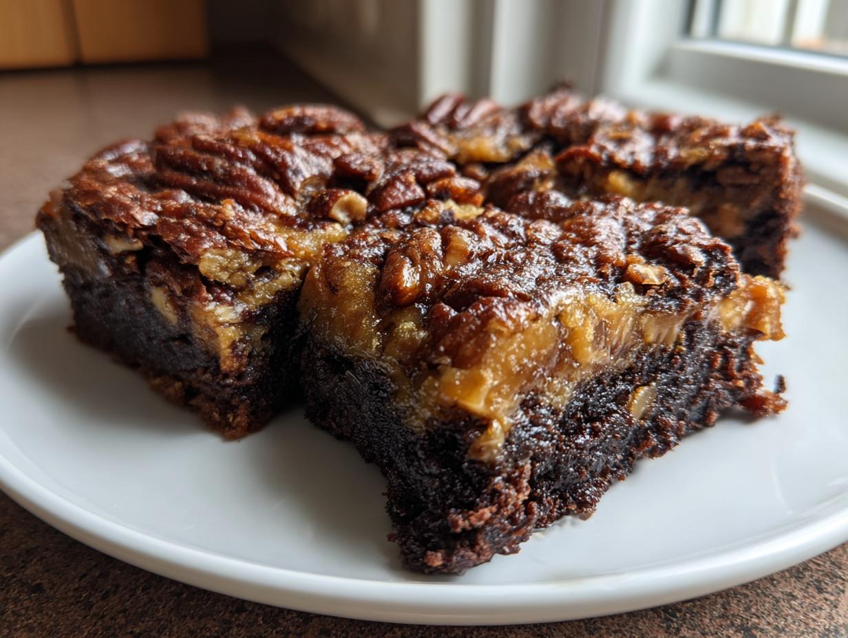 Two rich, fudgy pecan pie brownies with a gooey pecan topping served on a white plate.