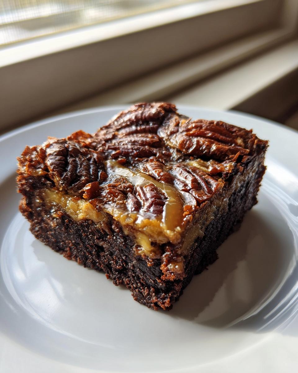 A single square of rich pecan pie brownies with a gooey caramel layer and whole pecans on top, served on a white plate.