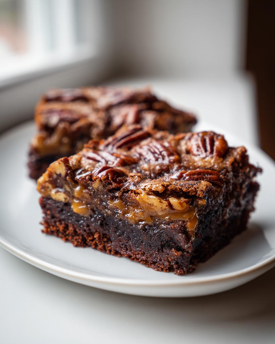 A rich, fudgy square of pecan pie brownies topped with gooey caramel and whole pecans.