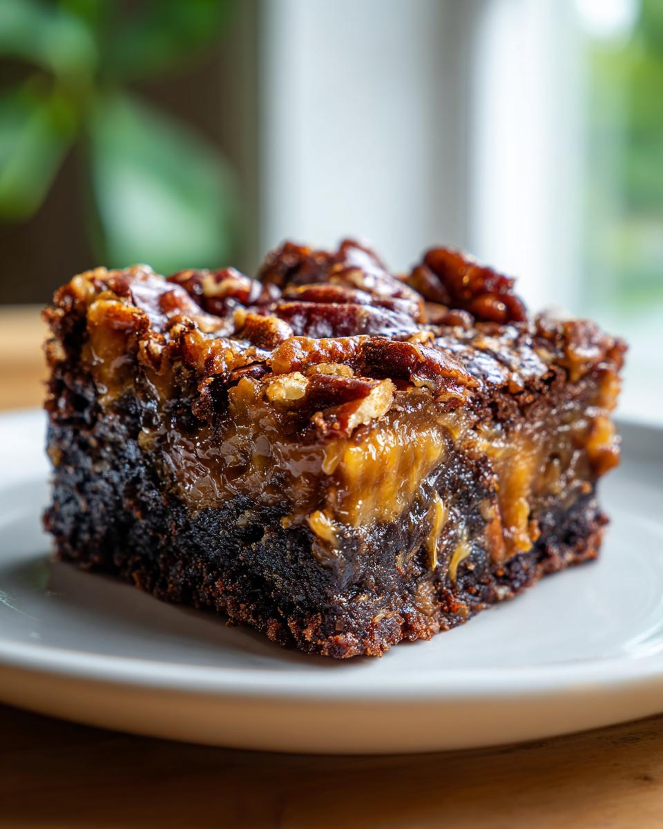 A decadent square of pecan pie brownies showing a rich, fudgy base and a gooey pecan topping.