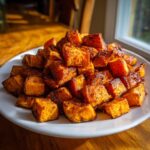 A pile of perfectly seasoned and caramelized roasted sweet potato cubes on a white plate.