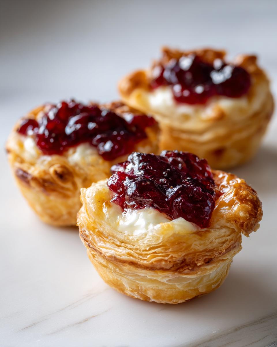 Three golden puff pastry brie bites filled with melted brie and topped with dark red cranberry or berry jam.