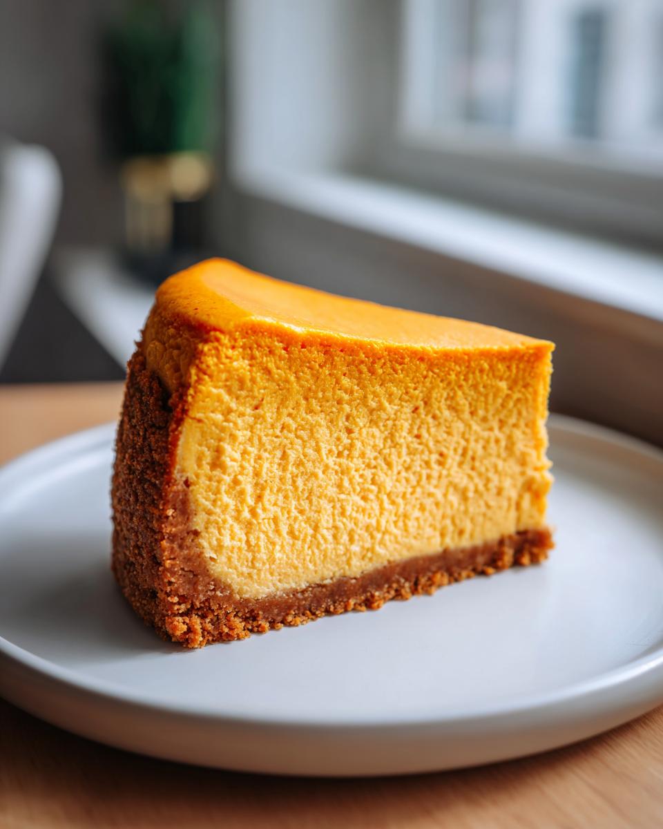 A close-up of a thick, rich slice of pumpkin cheesecake with a graham cracker crust.