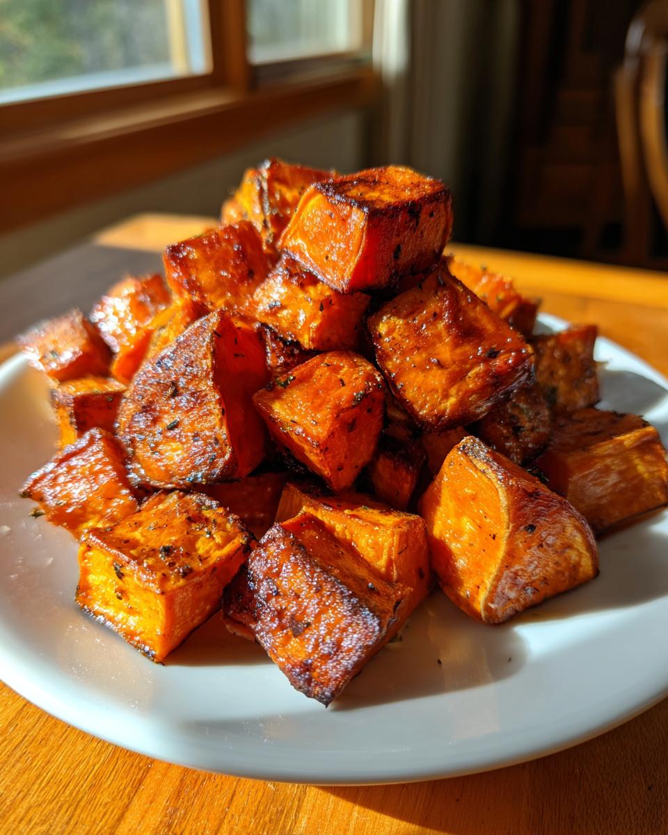 A pile of caramelized, seasoned roasted sweet potato cubes served on a white plate.
