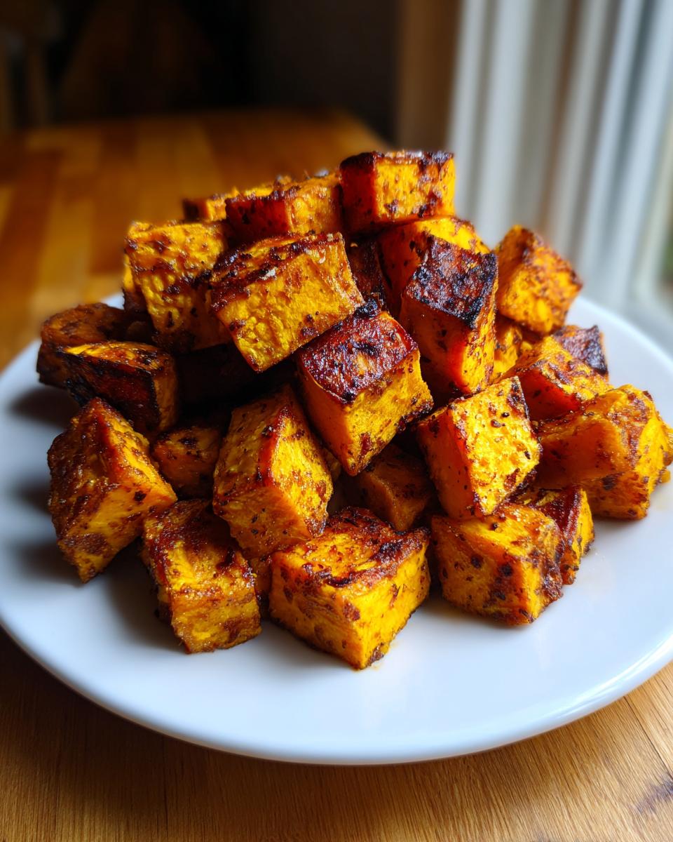 A pile of perfectly caramelized roasted sweet potato cubes showing crispy, dark edges on a white plate.
