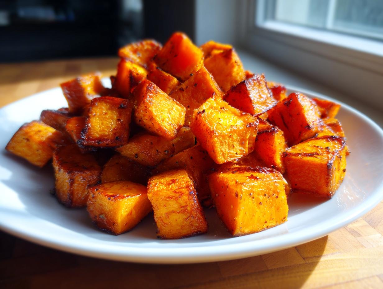 A pile of perfectly caramelized roasted sweet potato cubes on a white plate.