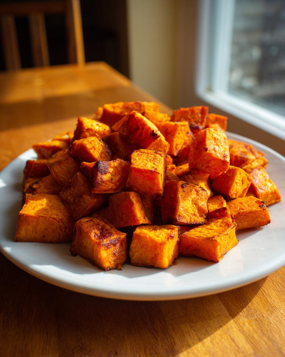A pile of caramelized, perfectly roasted sweet potato cubes served on a white plate near a sunny window.