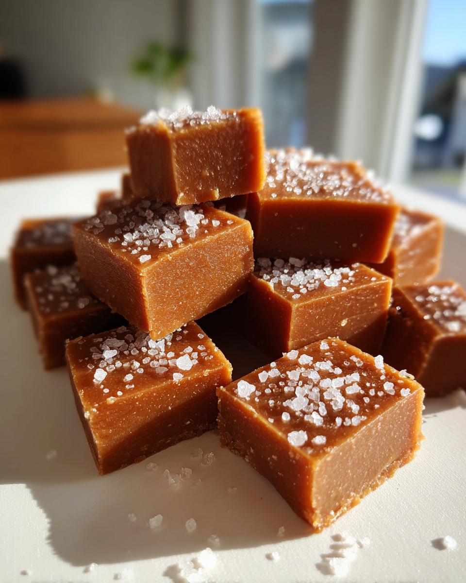 A stack of rich, brown salted caramel fudge squares topped with large flakes of sea salt.