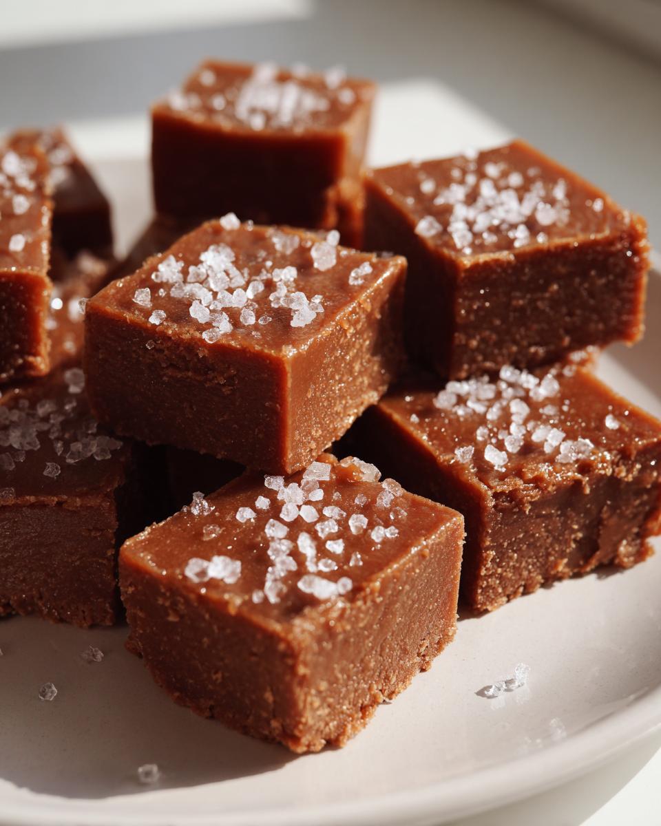 A pile of rich brown salted caramel fudge squares topped with flaky sea salt.