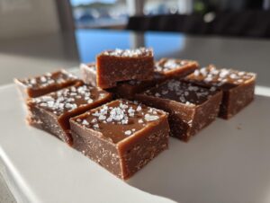 Close-up of rich, brown salted caramel fudge squares topped with flaky sea salt.