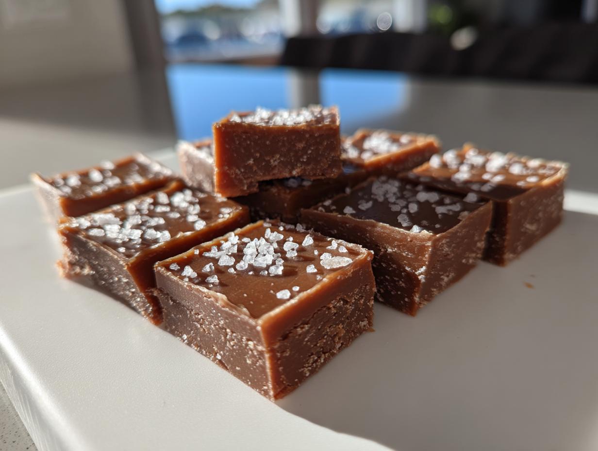 Close-up of rich, brown salted caramel fudge squares topped with flaky sea salt.