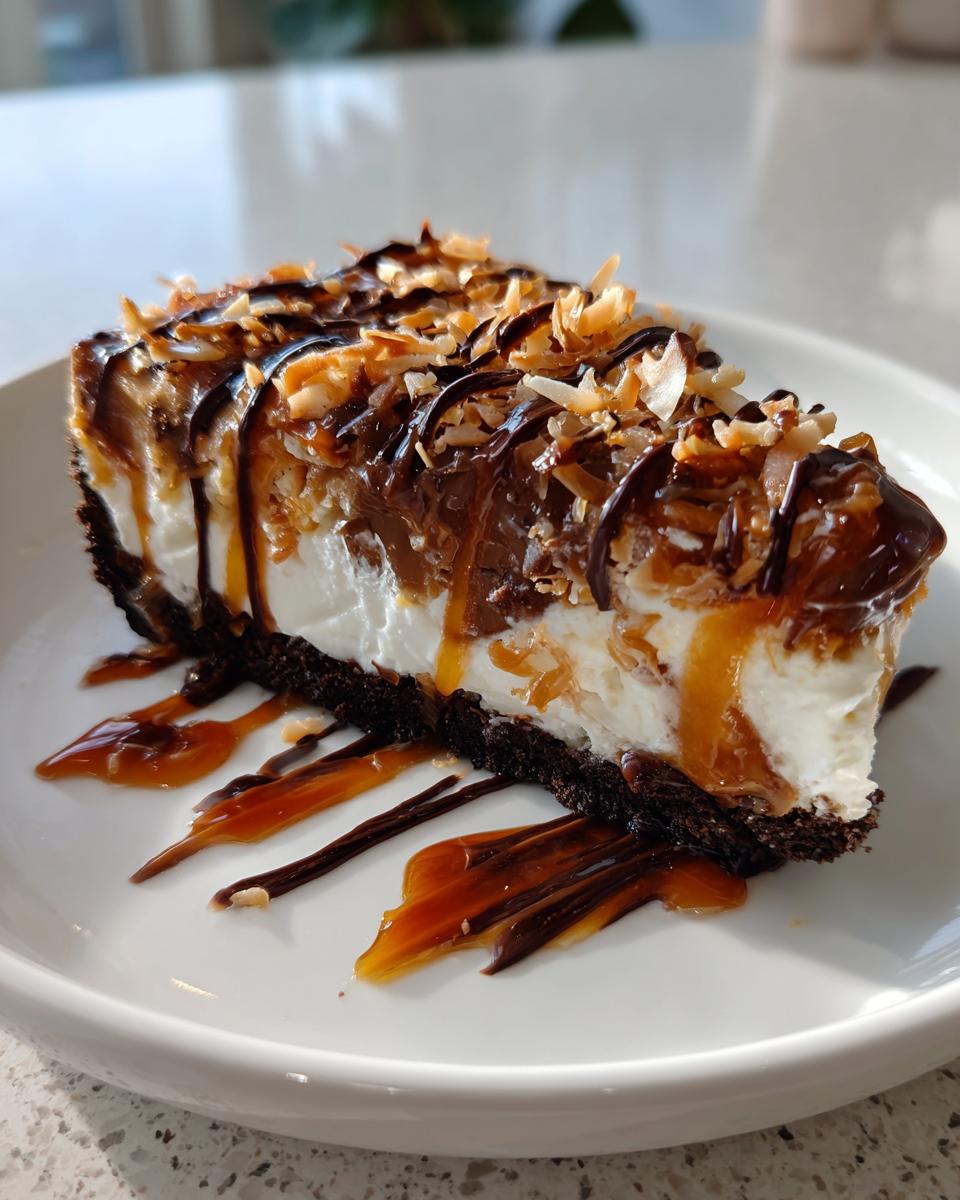 A decadent slice of Samoa Cheesecake featuring a dark crust, white filling, caramel, chocolate drizzle, and toasted coconut.