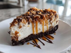 A decadent slice of Samoa Cheesecake featuring a thick crust, creamy filling, and topped with toasted coconut, caramel, and chocolate drizzle.