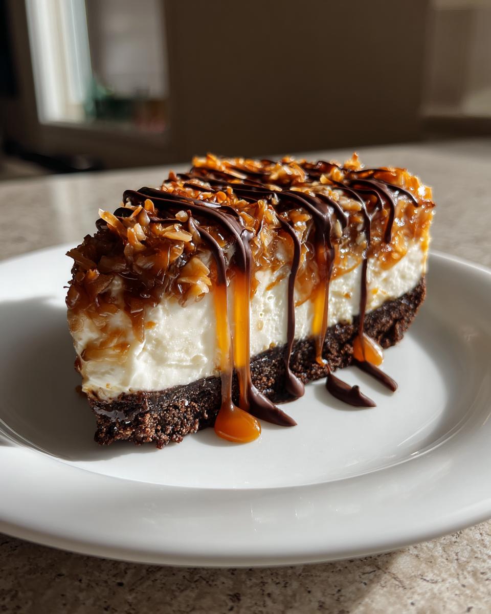 A tall slice of Samoa Cheesecake featuring a dark crust, creamy filling, toasted coconut, and drizzled with caramel and chocolate.