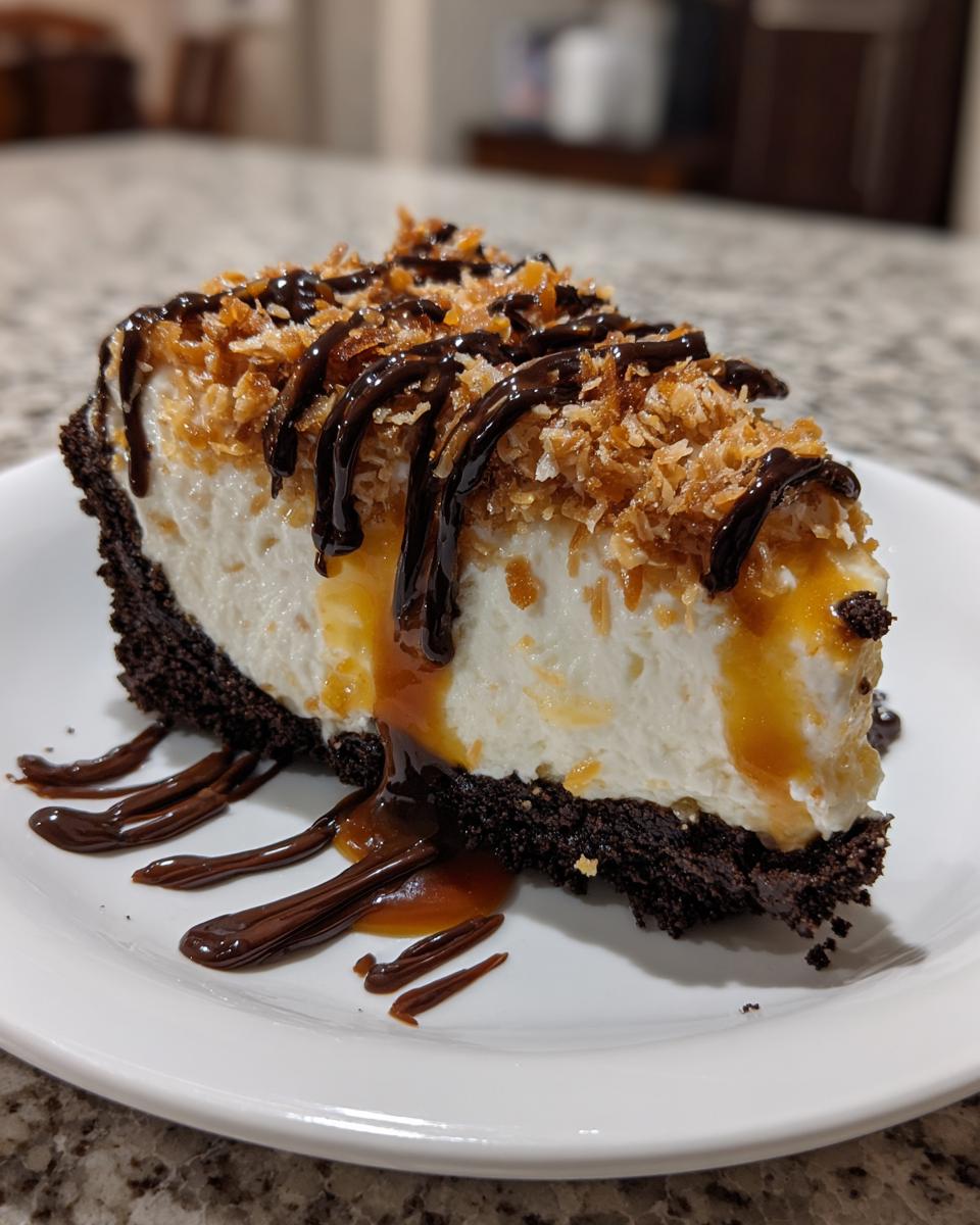 A decadent slice of Samoa Cheesecake featuring a dark chocolate crust, creamy filling, toasted coconut, and drizzles of caramel and chocolate sauce.