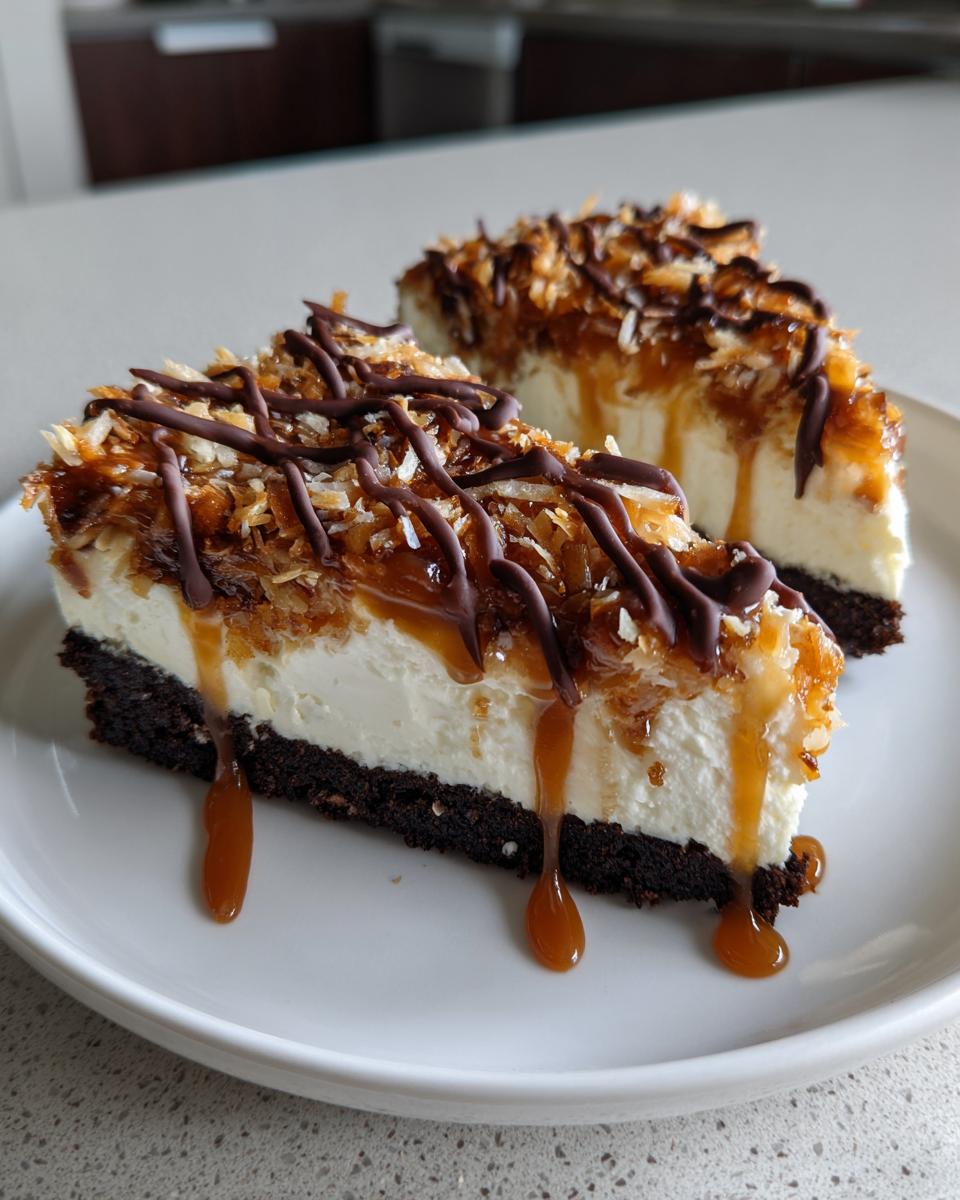 Two decadent slices of Samoa Cheesecake featuring a chocolate crust, creamy filling, toasted coconut, and drizzled with caramel and chocolate.