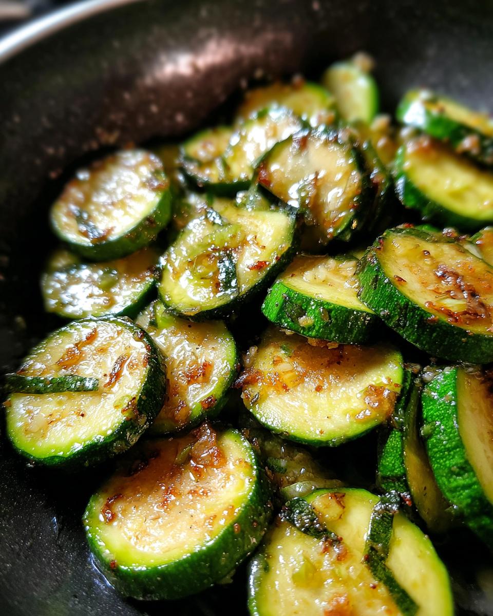 Close-up of glossy, perfectly sauteed zucchini slices seasoned with spices in a dark pan.