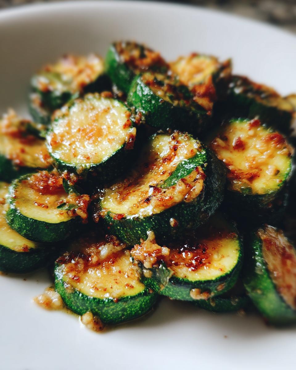 Close-up of perfectly sauteed zucchini slices coated in a savory, browned garlic glaze.