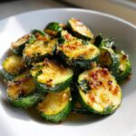 Close-up of perfectly sauteed zucchini slices coated in a glistening garlic and chili glaze.