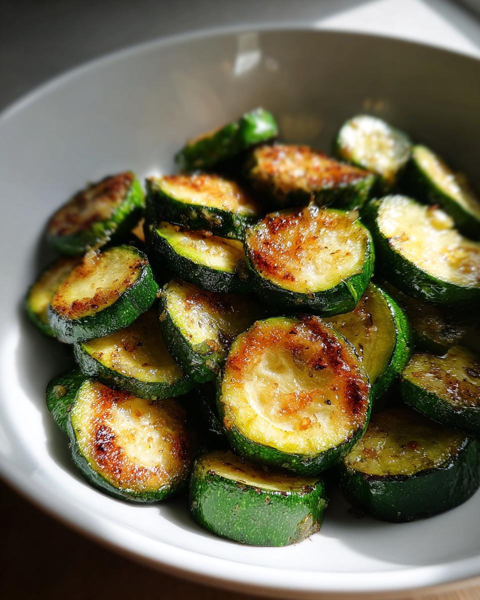 Close-up of perfectly browned and seasoned sauteed zucchini slices served in a white bowl.
